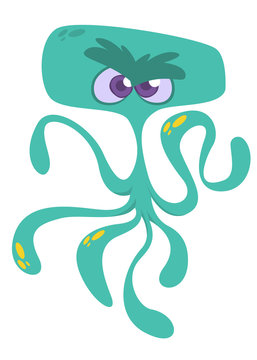 Angry cartoon monster alien with tentacles. Vector Halloween illustration