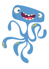 Funny cartoon monster alien with tentacles. Vector Halloween illustration