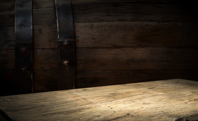 background of barrel and worn old table of wood