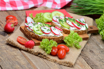 Grain bread with spread, fresh radish, cucumber and tomatoes on - concept of healthy fitness breakfast or snack, fresh salad and chives in the background