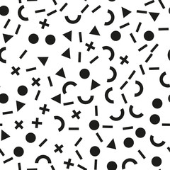 Memphis seamless patterns with geometric shapes. One color black on white. Vector illustration. Retro fashion style 80-90s