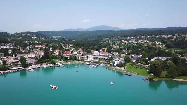 Villach, Austria &mdash; 12 jun 2018. Aerial view of W&ouml;rthersee lake in Alps Mountains