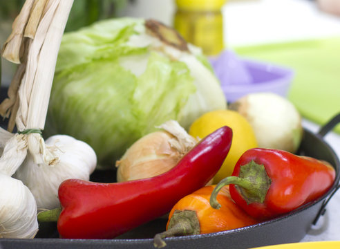 Vegetables - Red And Yellow Sweet Bell Peppers, Garlic, Onions, Green Salad, Cabbage