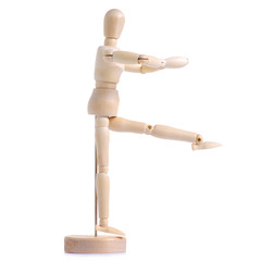 Wooden figure of a man run on a white background isolation