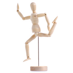 Wooden figure of a man run on a white background isolation