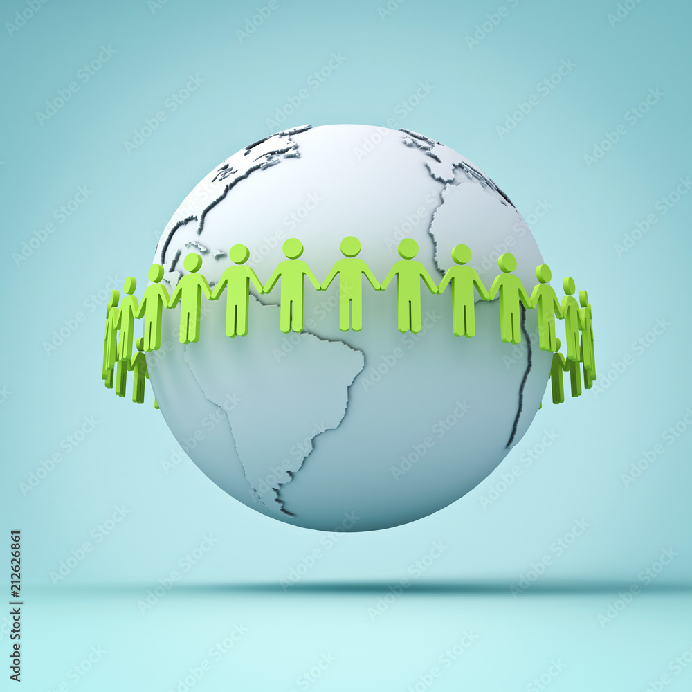 Poster people holding hands around white globe map on green background with shadow . 3d rendering.