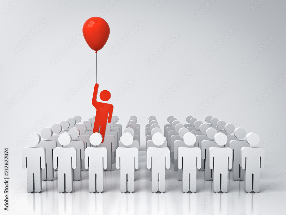Fototapete stand out from the crowd and different creative idea concept , one man flying away from other people