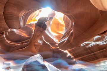 Rock formations and light inside upper antelope canyon