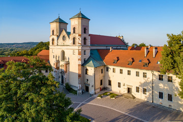 Fototapeta na wymiar Benedictine abbey, monastery and Saint Peter and Paul church in Tyniec near Krakow, Poland. Aerial view at sunset