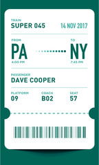 E-Ticket or Boarding Pass Card Template with Bar Code. Train Ticket Pass Design. 
