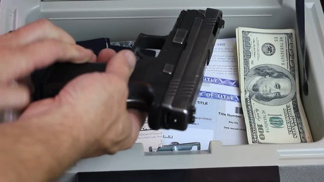 A safe is opened and a handgun, passport and cash are removed.