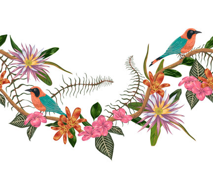 Seamless border with tropical birds, plants and flowers. Exotic flora and fauna. Vector illustration in watercolor style