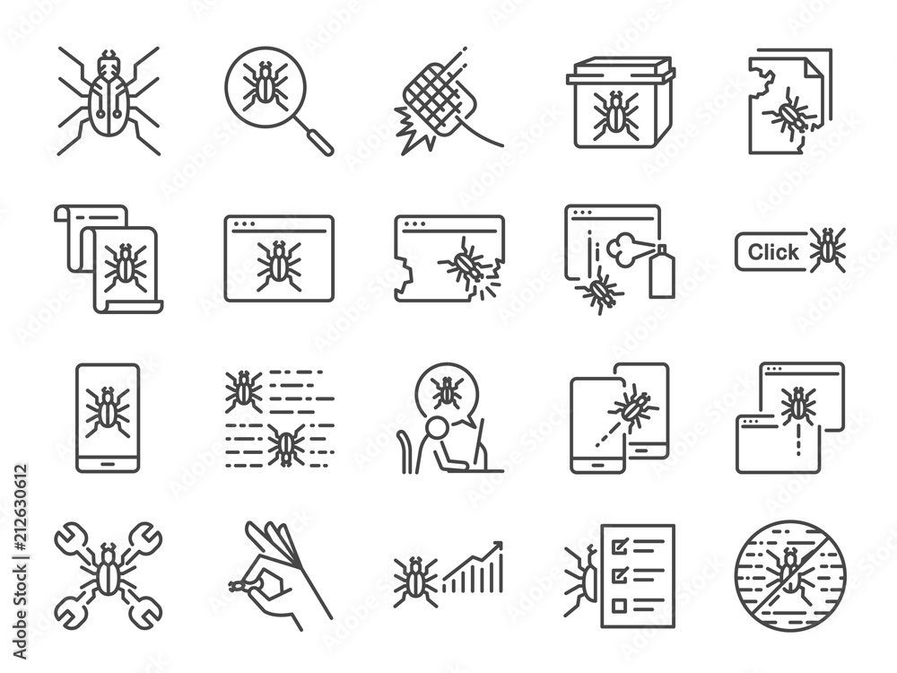 Poster qa and bug fix icon set. included icons as bug report, computer virus, spyware, quarantine, quality 