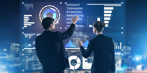 Concept of partnership and cooperation with people using virtual interface