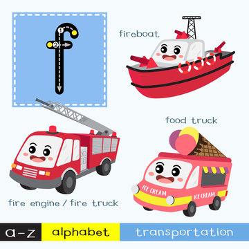 Letter F lowercase children colorful transportations ABC alphabet tracing flashcard for kids learning English vocabulary and handwriting Vector Illustration.