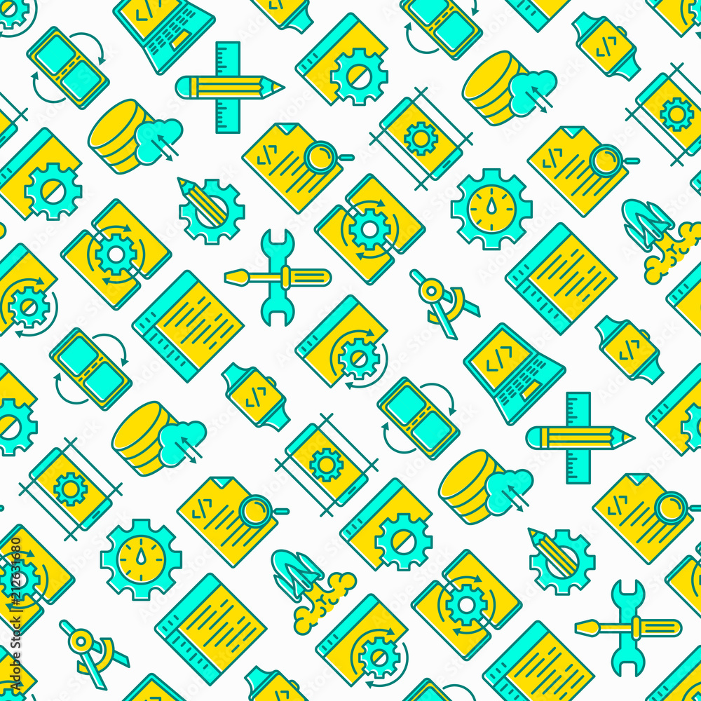 Poster app development seamless pattern with thin line icons: writing code, multitasking, smart watch app, 
