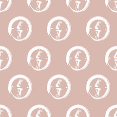Marine seamless pattern with compasses on brown background. Hand drawn vector illustration.