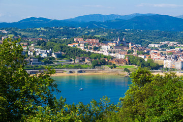 Panoramic view of  the city,ocean and  sand beach  on the sunny day .San Sebastian.Spain.