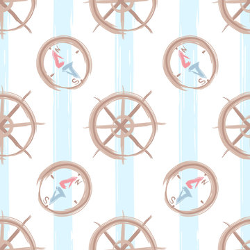 Marine seamless pattern with wheels and compasses on striped background. Hand drawn vector illustration.