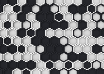 3d rendering. random modern black and white hexagonal pattern wall background.