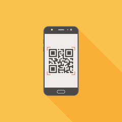 QR code on mobile phone flat design icon with long shadow