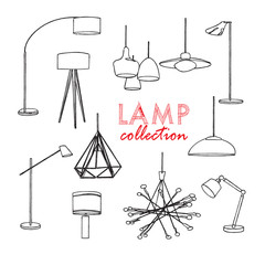 vector lighting lamp illustration. floor lamp, table lamp, pendant, interior design