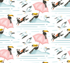 Hand drawn vector abstract cartoon summer time graphic illustrations artistic seamless pattern with beach gulland toucan birds,umbrella and dogs on beach vacation isolated on white background