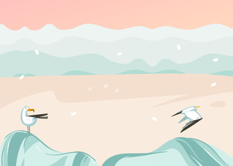 Hand drawn vector abstract cartoon summer time graphic illustrations art template background with ocean beach landscape,pink sunset,sea gull birds and copy space place for your text