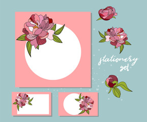 vector stationery template. wedding invitation card template. business flyer greeting. floral flower peony. modern contemporary.
