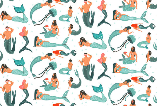 Hand drawn vector abstract cartoon summer time graphic illustrations seamless pattern collection with beauty mermaid underwater swimming girls and boys isolated on white background