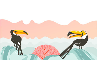 Hand drawn vector abstract cartoon summer time graphic illustrations art with beach sunset scene and tropical toucan birds with copy space place for your text isolated on white background © anastasy_helter