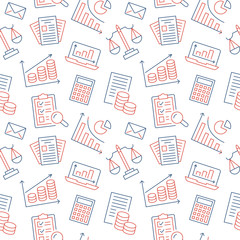 Financial accounting seamless pattern with flat line icons. Bookkeeping background, tax optimization, loan, payroll, real estate crediting. Accountancy, finance thin linear signs for legal services.