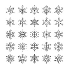 Cute snowflakes collection isolated on white background. Flat snow icons, snow flakes silhouette. Nice element for christmas banner, cards. New year ornament. Organic and geometric snowflake set.