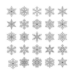 Cute snowflakes collection isolated on white background. Flat snow icons, snow flakes silhouette. Nice element for christmas banner, cards. New year ornament. Organic geometric snowflake set.