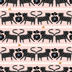 wektor jaguar i kwiaty pasek bezszwowe powtarzać wzór. Czarne koty z dżungli na różowo - 212636649