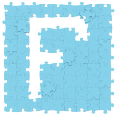 Jigsaw puzzles blue color assembled like capital letter F on white background, puzzle letters may be seamless connected along borders, 3D rendered font image