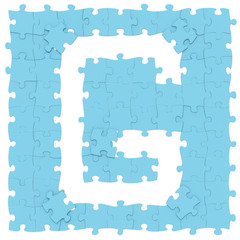 Jigsaw puzzles blue color assembled like capital letter G on white background, puzzle letters may be seamless connected along borders, 3D rendered font image