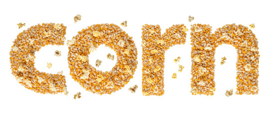 Corn Word made with corn seeds with clipping path. Adorned corn sign using popcorn