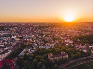 Obraz premium aerial view of old european city on sunset