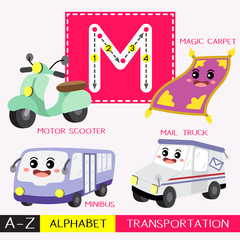 Letter M uppercase children colorful transportations ABC alphabet tracing flashcard for kids learning English vocabulary and handwriting Vector Illustration.