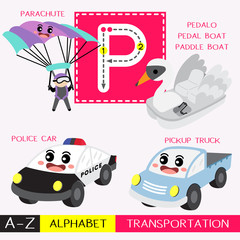 Letter P uppercase children colorful transportations ABC alphabet tracing flashcard for kids learning English vocabulary and handwriting Vector Illustration.