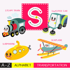 Letter S uppercase children colorful transportations ABC alphabet tracing flashcard for kids learning English vocabulary and handwriting Vector Illustration.