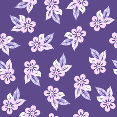 Vector seamless floral pattern with light abstract strokes of decorative flowers, leaves on an ultra violet background