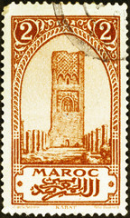 Tower of Rabat on vintage moroccan postage stamp