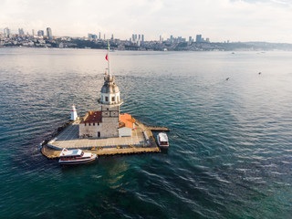 Aerial Drone View of Maiden's Tower in Uskudar Istanbul / Kiz Kulesi