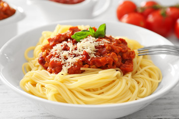 Delicious pasta with meat sauce on plate