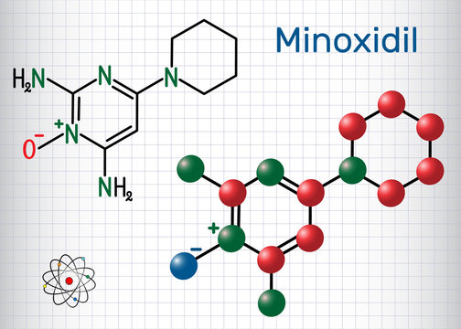 Minoxidil molecule. It is an antihypertensive vasodilator medication, is used to treat hair loss.. Structural chemical formula and molecule model