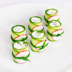 cucumber, radish and green onion rolls  with feta dill filling