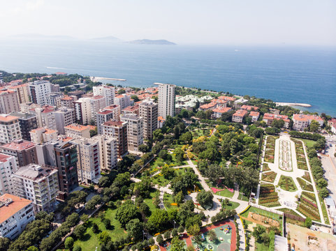 Aerial Drone View of Goztepe 60th Year Park located in Kadikoy, Istanbul.