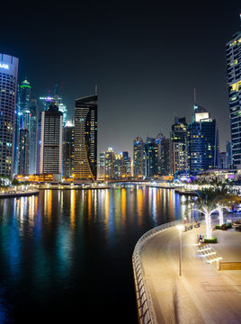 Dubai marina modern and shiny skyscrapers view at night